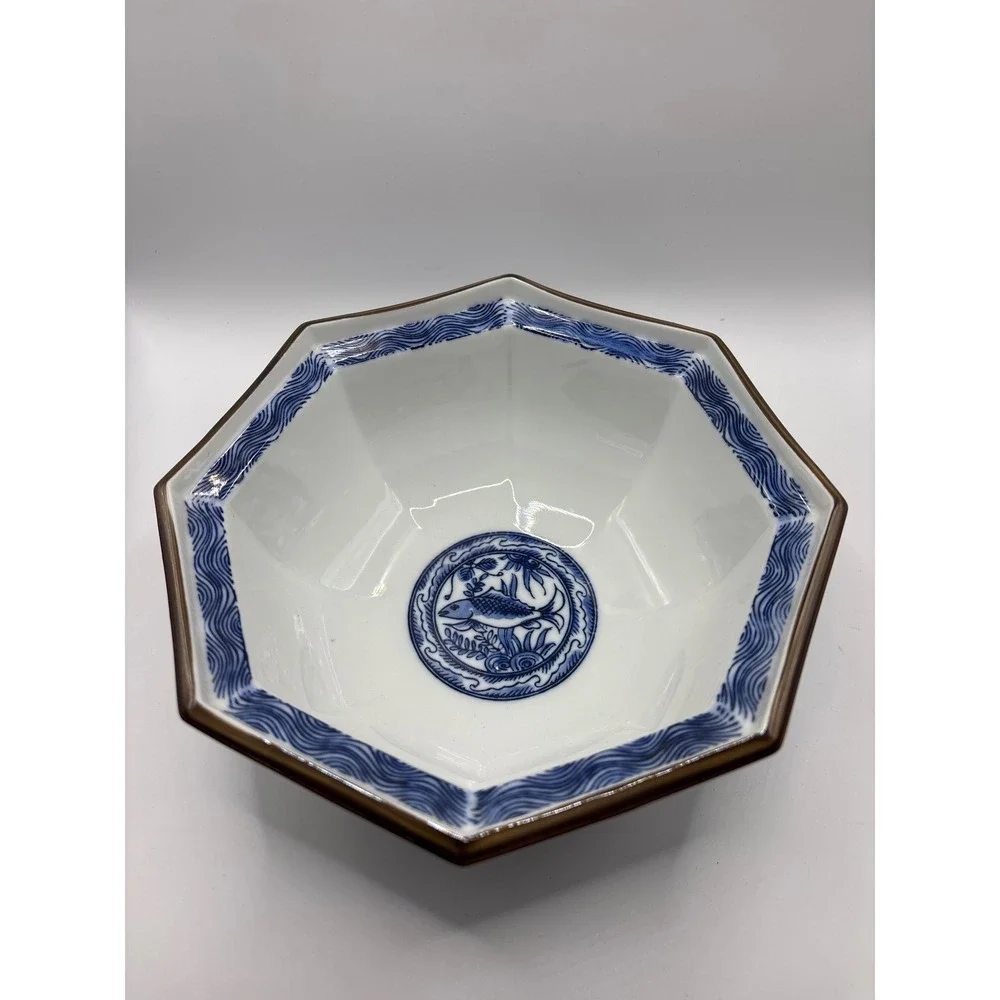 Japanese Blue and White Porcelain Octagonal Bowl Fish Floral Motif Sometsuke